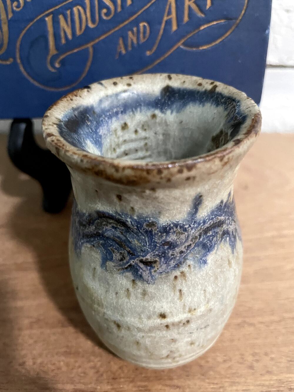 Vintage Signed Virginia Studio Pottery Vase Hand Thrown Blue Glazed 4” Tall